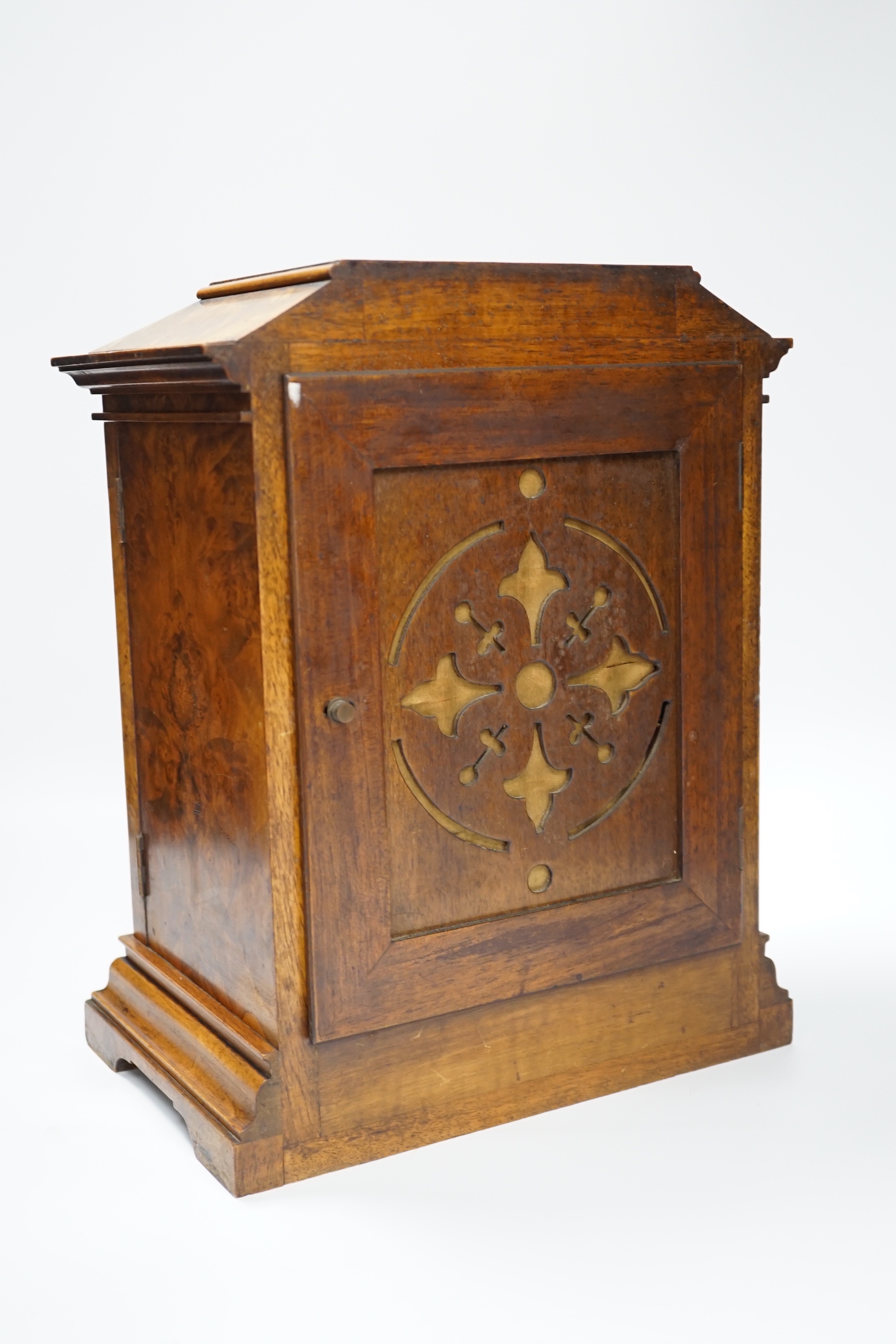 A German Lenzkirch burr walnut mantel clock striking on a coiled gong, 32cm high